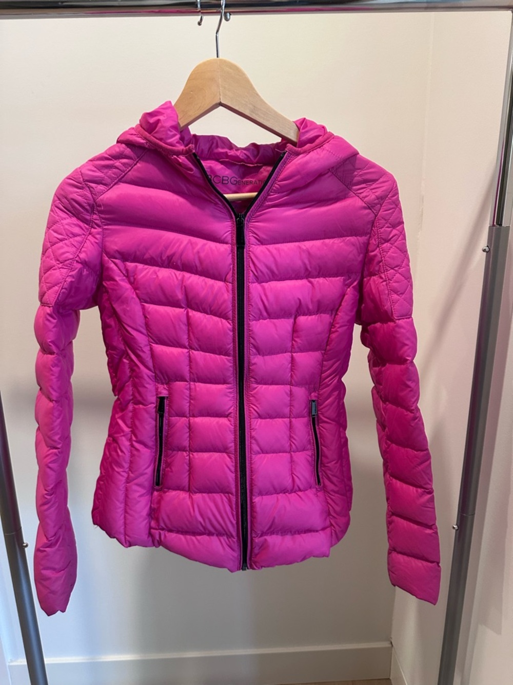 BCBGeneration Bright Fuchsia Quilted Hooded Puffer Jacket